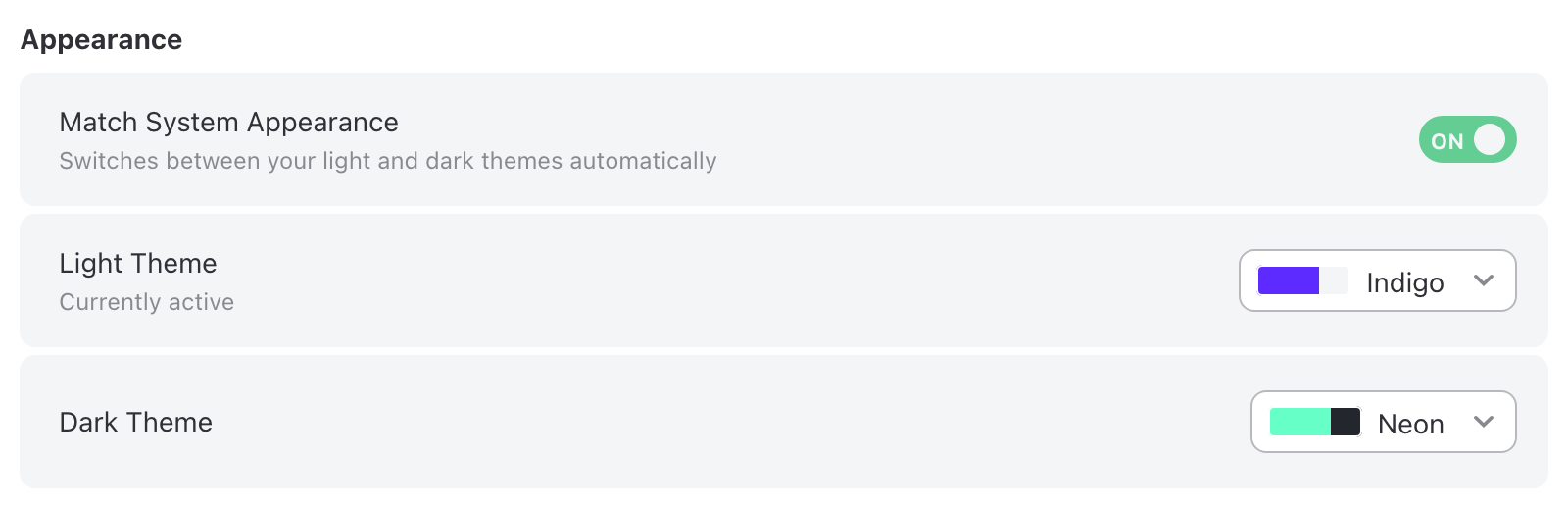 Appearance settings with Match System Appearance on, Indigo as the light theme and Neon as the dark theme