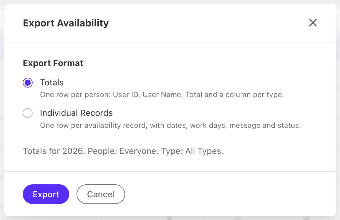 Export Availability dialog with the Totals and Individual Records options