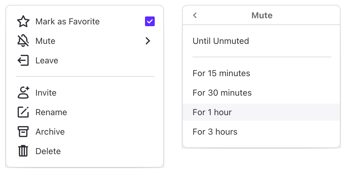 Conversation menu with Mark as Favorite and the Mute options