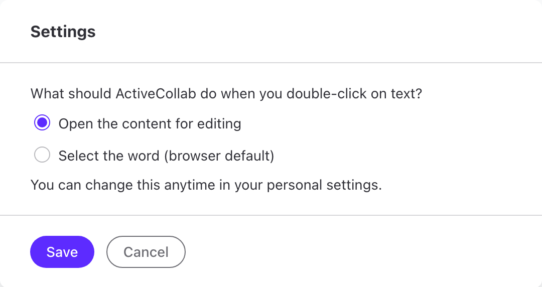 Prompt asking whether double-clicking text opens it for editing or selects the word