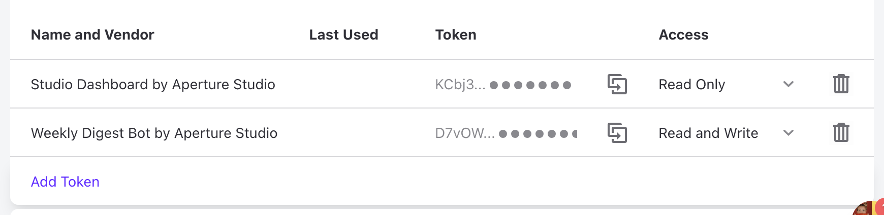 API tokens with their access level and a Copy button