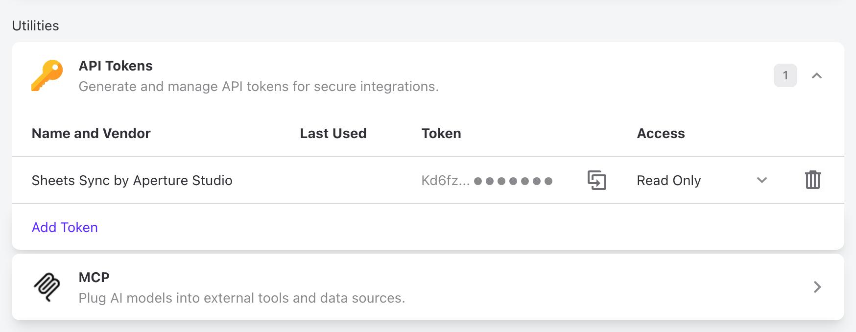 Apps & Integrations as a member sees it, with personal API tokens and MCP