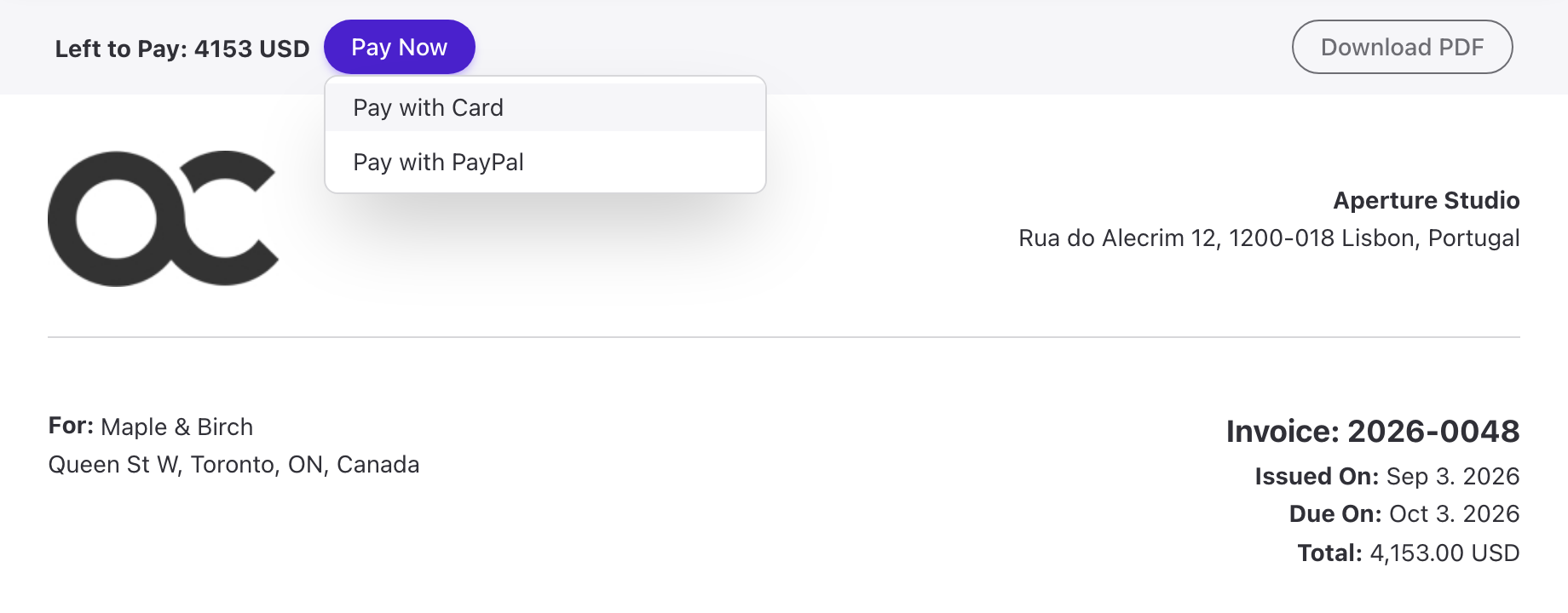 Invoice payment page with the Pay with Card and Pay with PayPal options