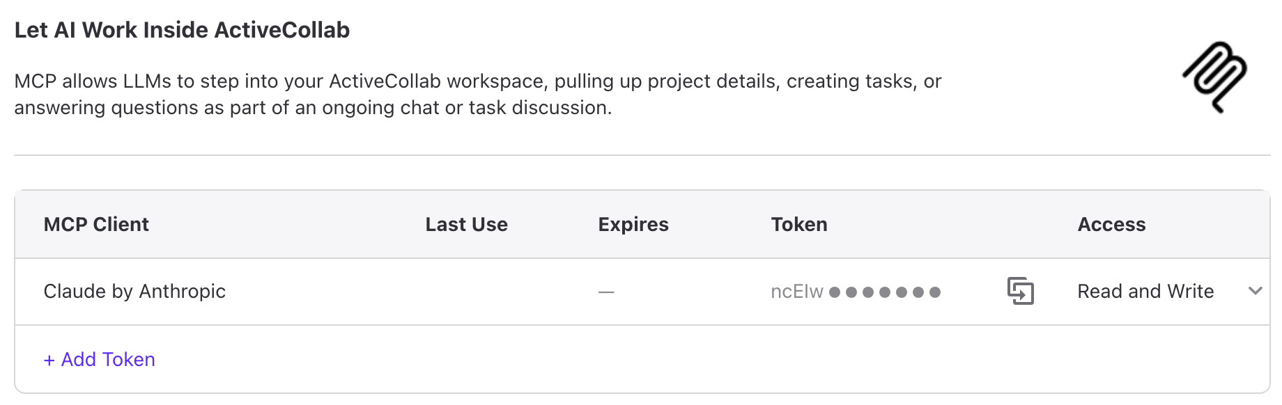 MCP settings with Claude connected as an MCP client
