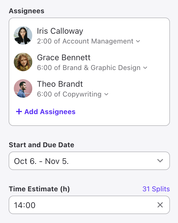 One task with three assignees, each with their own estimate and job type