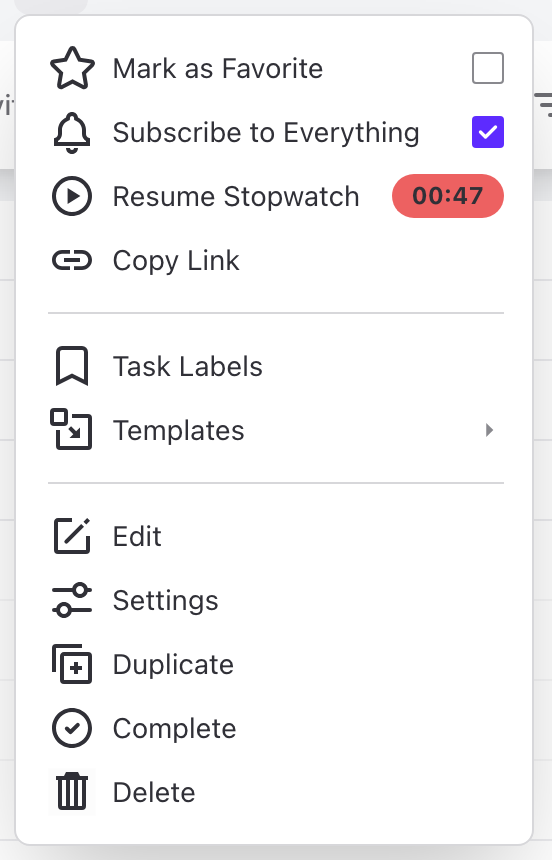 Project options menu with Subscribe to Everything checked