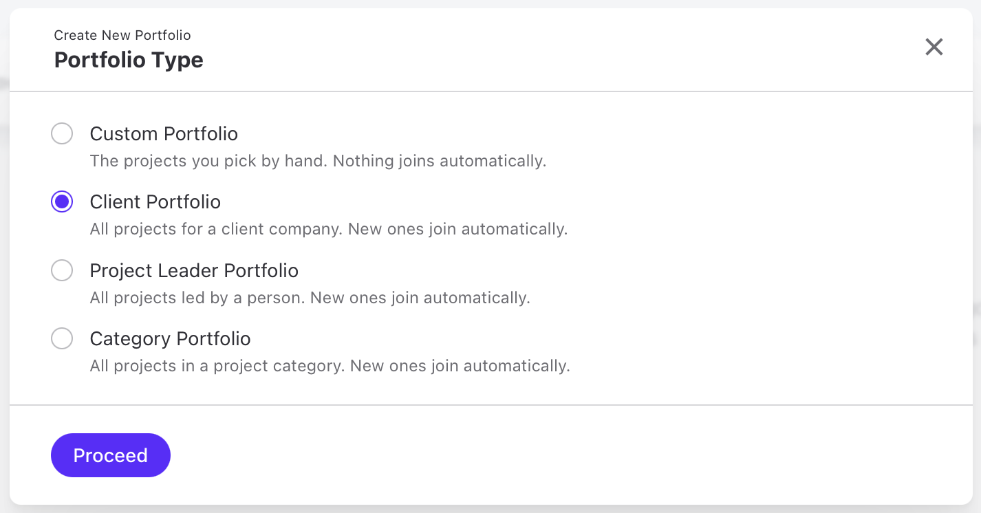 Create New Portfolio dialog on the Portfolio Type step with the four portfolio types