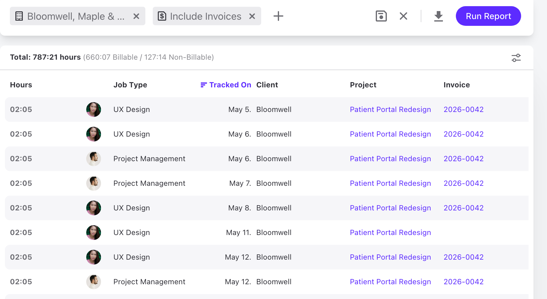 Time report with Include Invoices on and an Invoice column