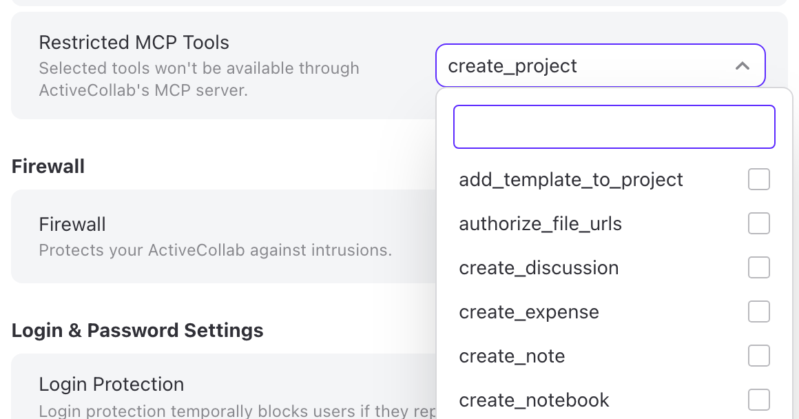 Restricted MCP Tools setting with the list of tools that can be switched off
