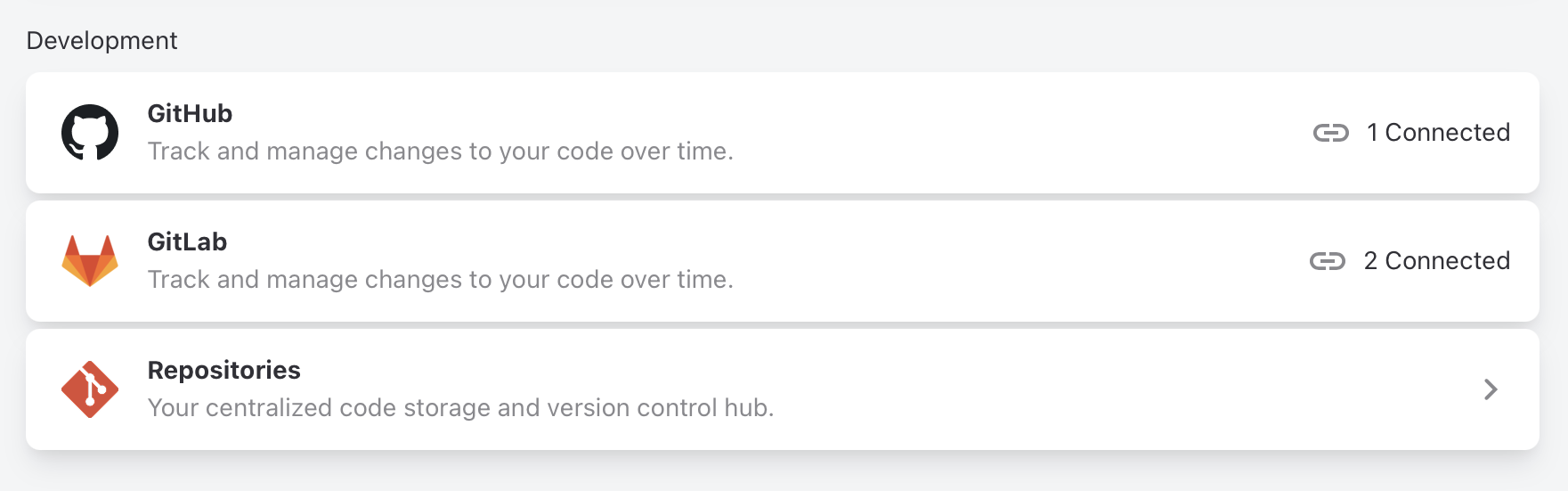 Apps & Integrations showing the GitHub and GitLab connections and the Repositories entry