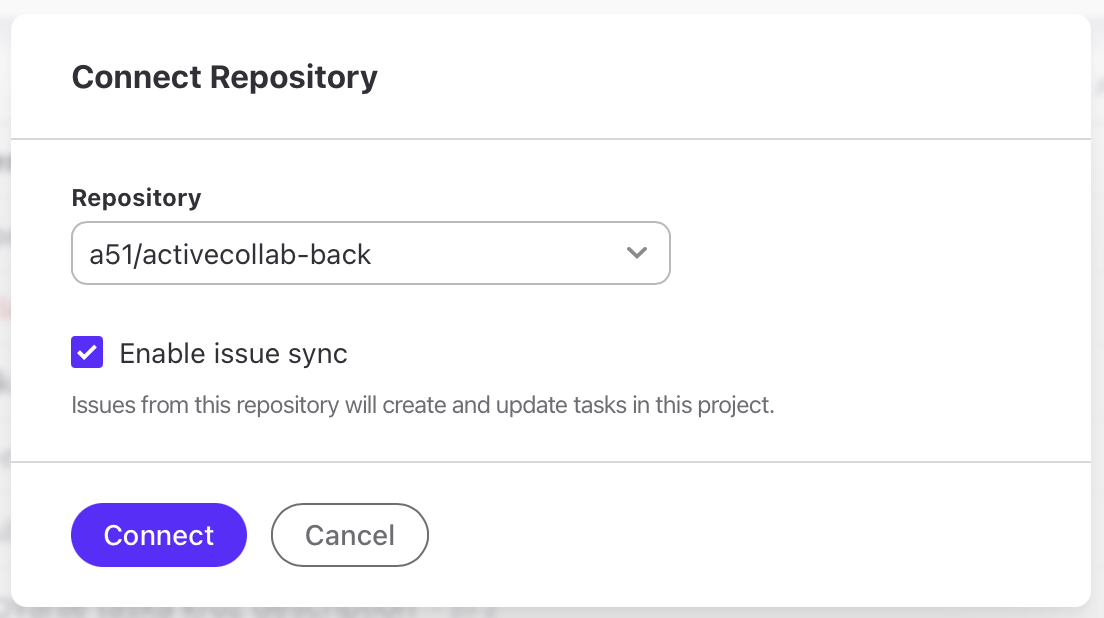 Connect Repository dialog with a repository selected and the Enable issue sync checkbox