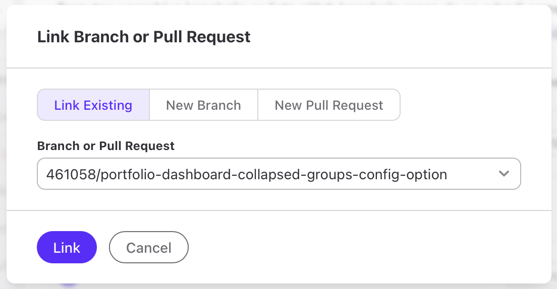 Link Branch or Pull Request dialog showing the Link Existing, New Branch, and New Pull Request modes
