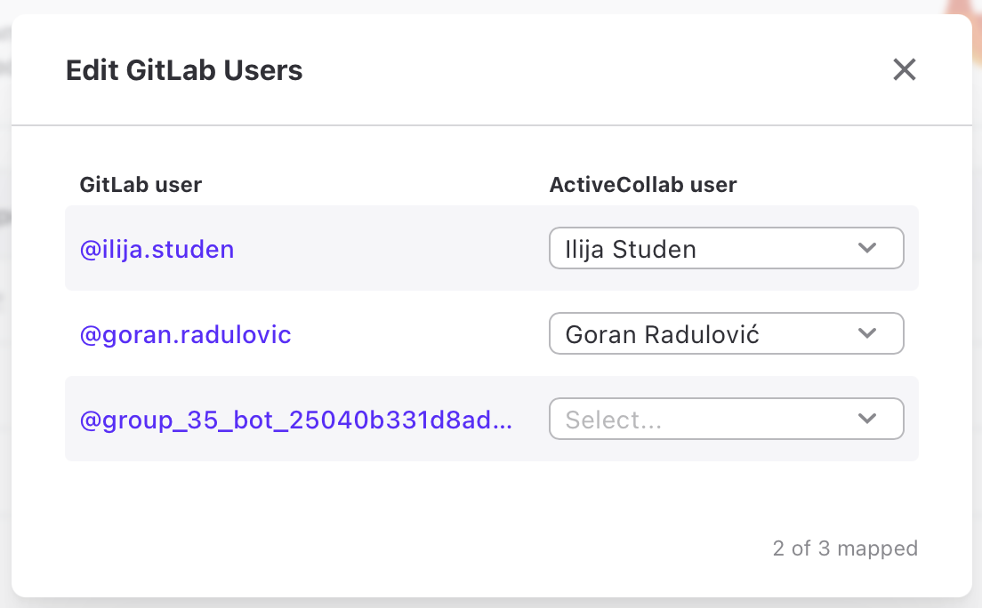 User mapping dialog matching GitHub or GitLab users to ActiveCollab users