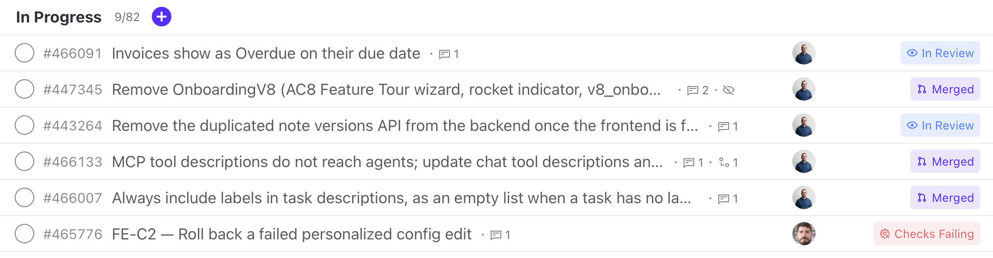 Project task list with the Source column and a Checks Failing badge