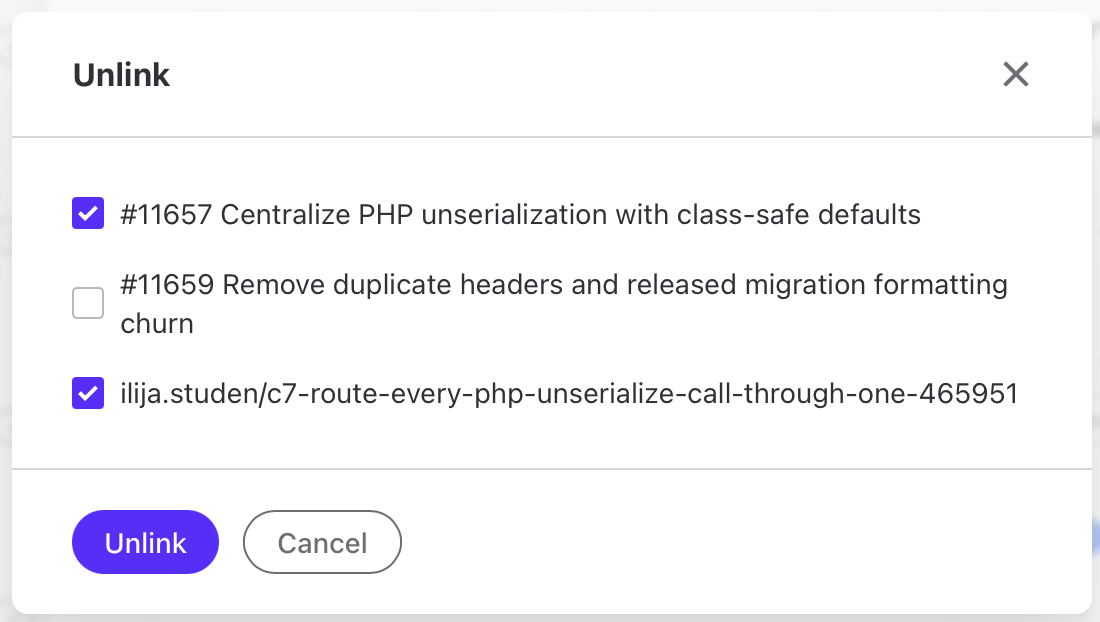 Unlink dialog with several source code items selected