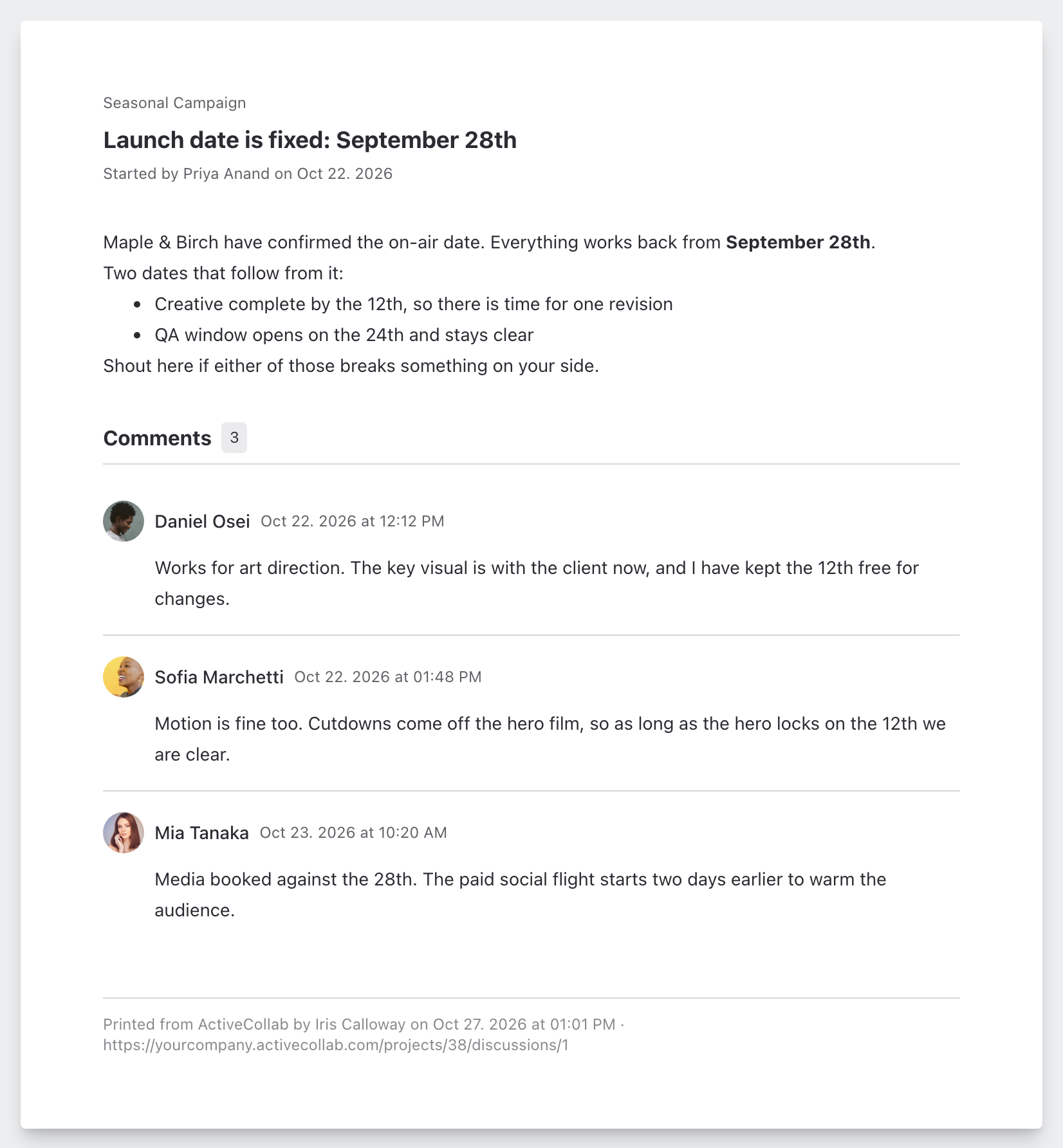 Print page of a discussion with three comments