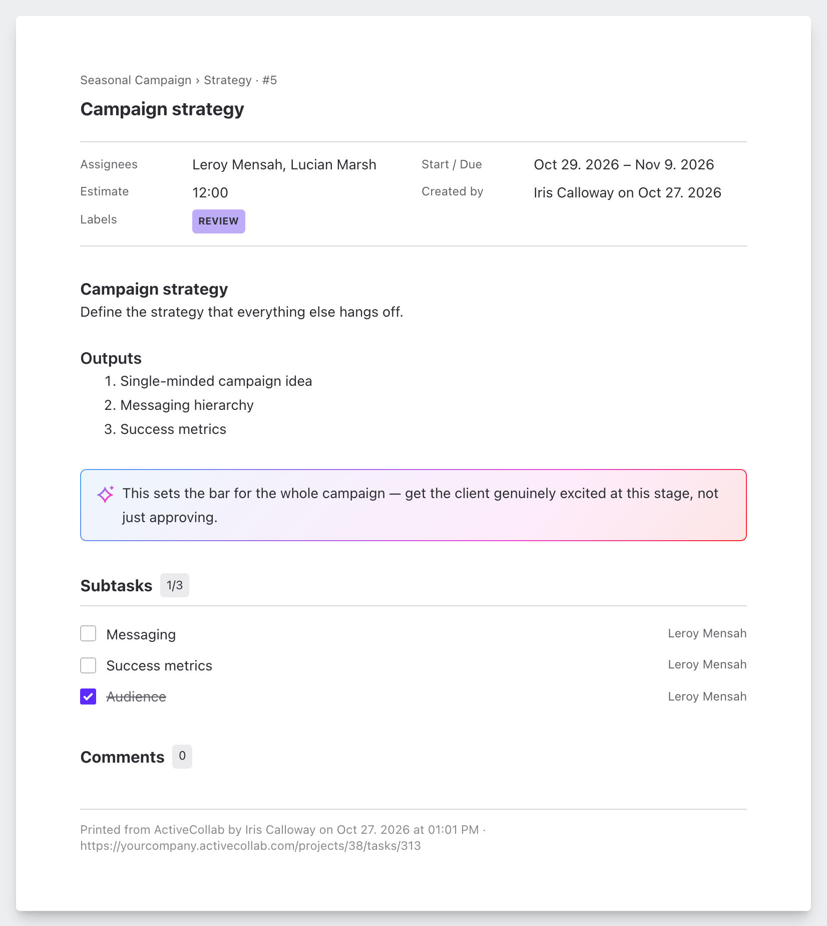 Print page of a task with its properties, description, subtasks, comments and footer