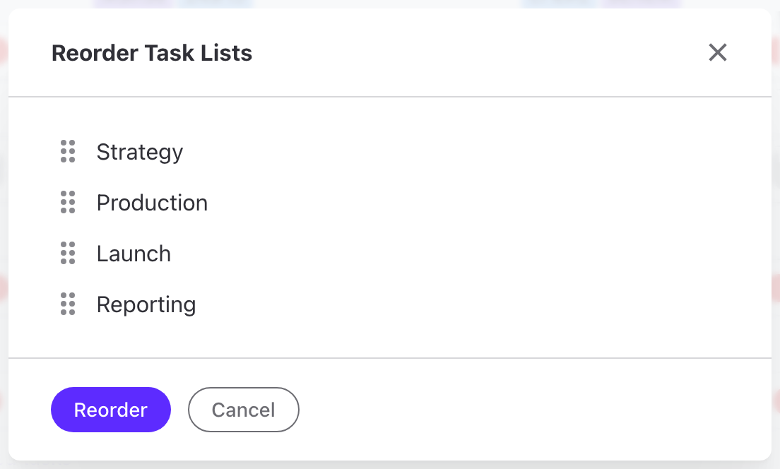 Reorder Task Lists dialog