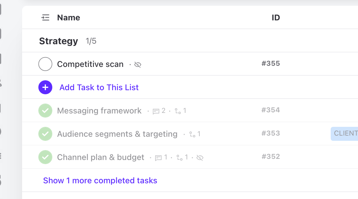 Task list with the ID column