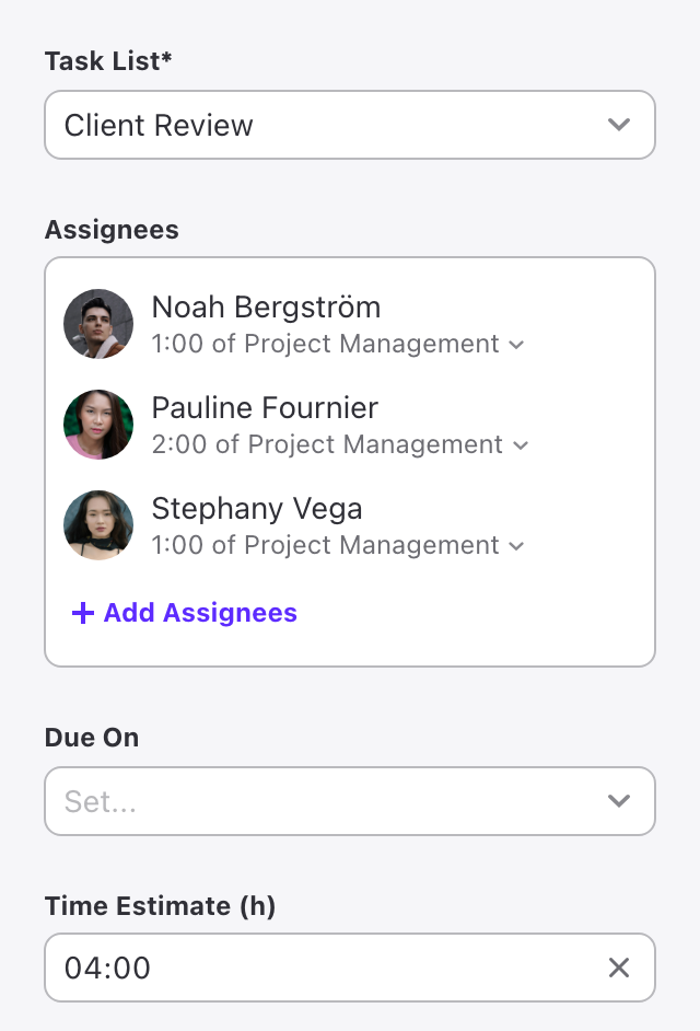 Template task with three assignees, each with a time estimate