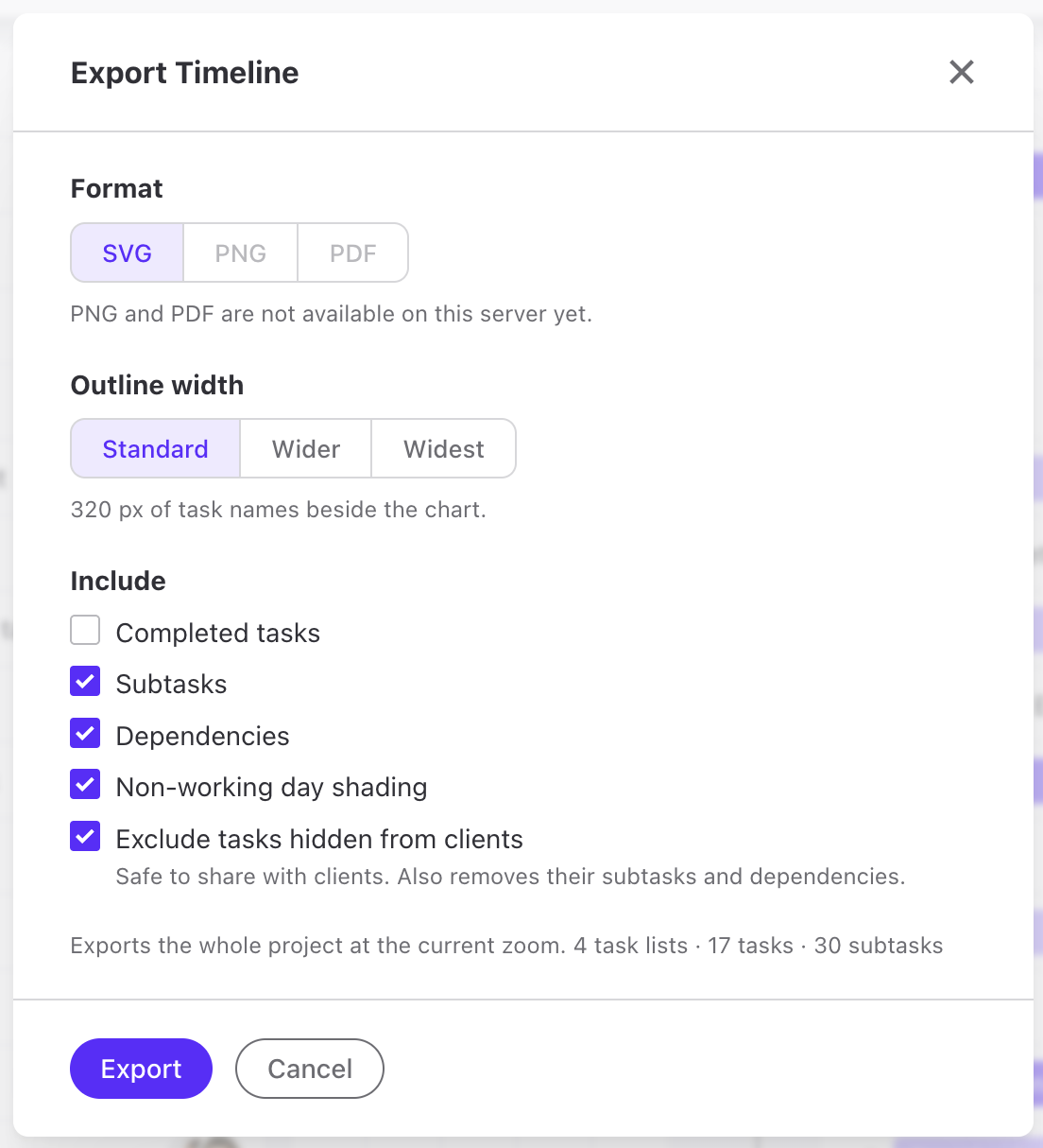 Export Timeline dialog with the Format, Outline width and Include options