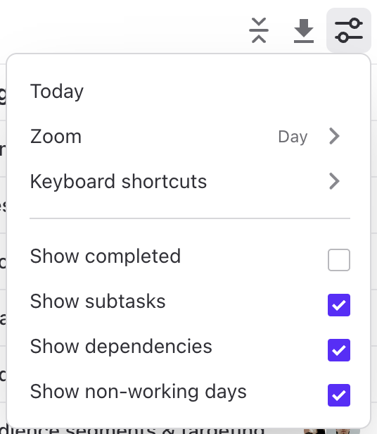Timeline Settings menu with Today, Zoom, Keyboard shortcuts and the Show options